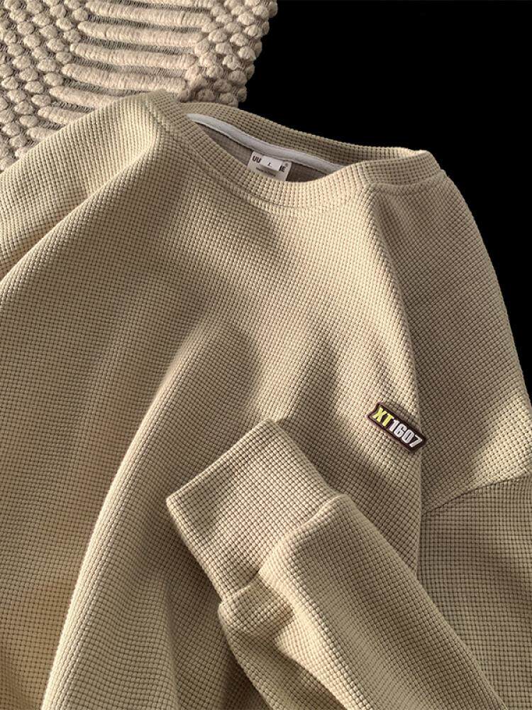 와플 라운드 넥 스웨트 셔츠 남성 가을 겨울 플러스 벨벳 2024 새로운 느슨한 트렌디 브랜드 헤비 바닥 셔츠 탑 재킷