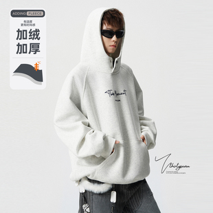 V37白花灰加绒加厚插肩袖连帽卫衣男冬美式潮牌字母刺绣休闲外套