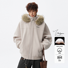 V37美式毛领拼接座山雕棉衣男冬季简约cleanfit加厚保暖棉服外套