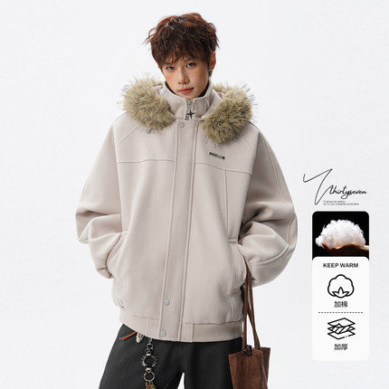 V37美式毛领拼接座山雕棉衣男冬季简约cleanfit加厚保暖棉服外套