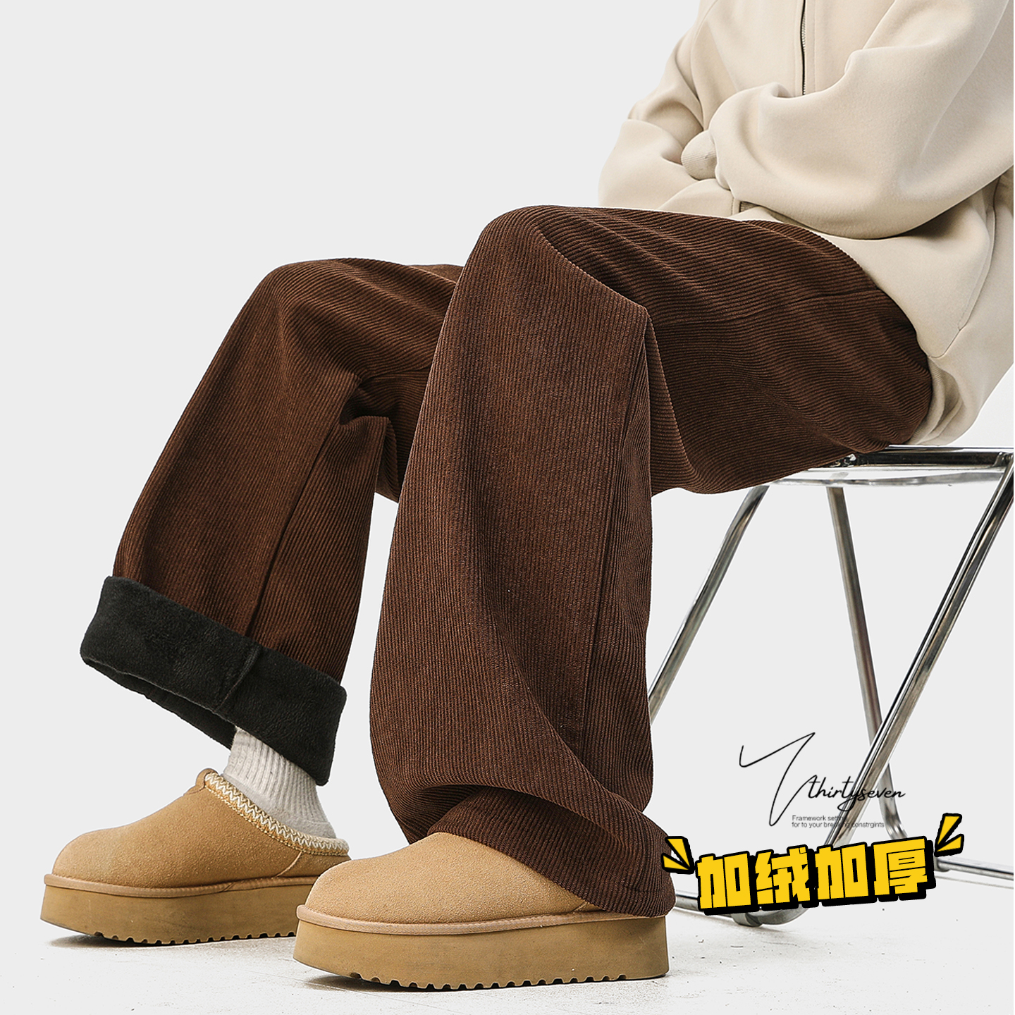 V37美式复古咖色加绒加厚休闲裤子男冬宽松慵懒风保暖灯芯绒长裤