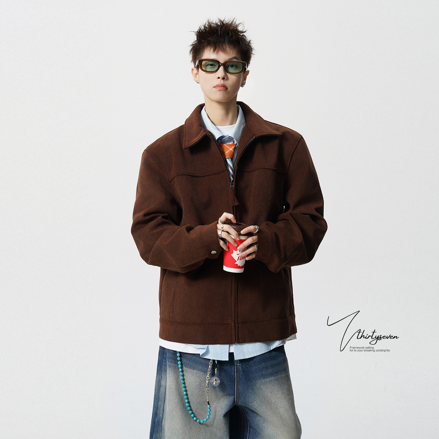 美式复古咖色廓形翻领夹克男