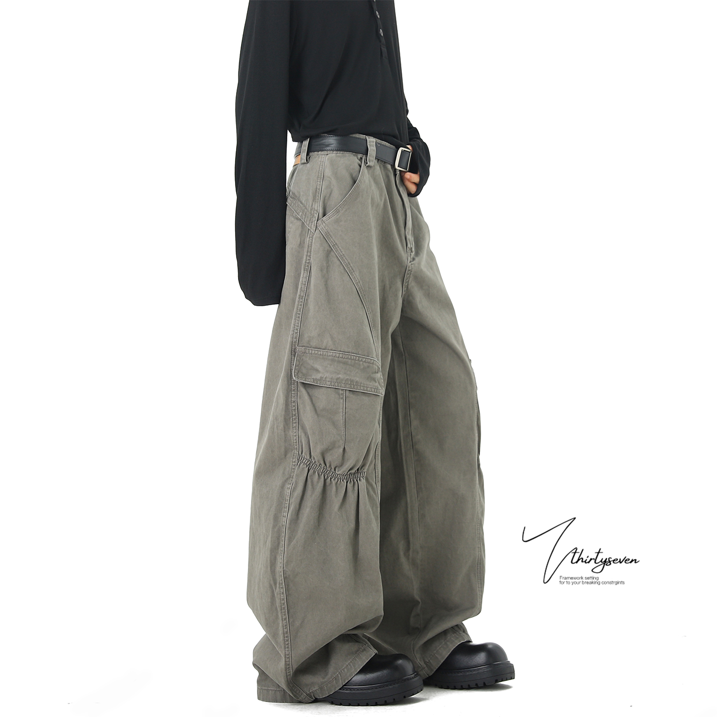 美式街头大口袋灰色工装裤男