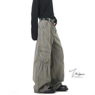 设计感斜切拼接阔腿弯刀裤 V37美式 男春季 裤 子 街头大口袋灰色工装