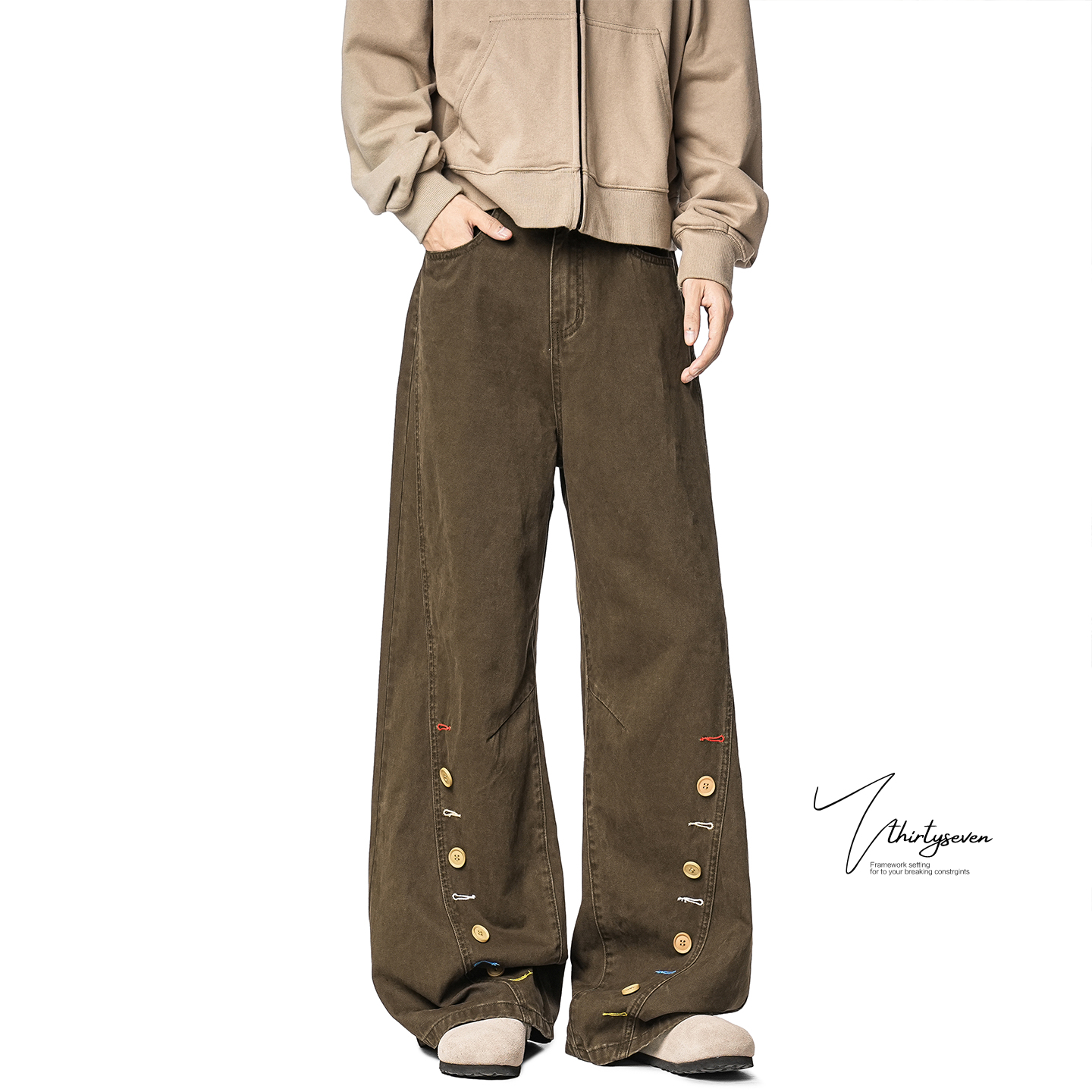 高街vintage咖色排扣工装裤男