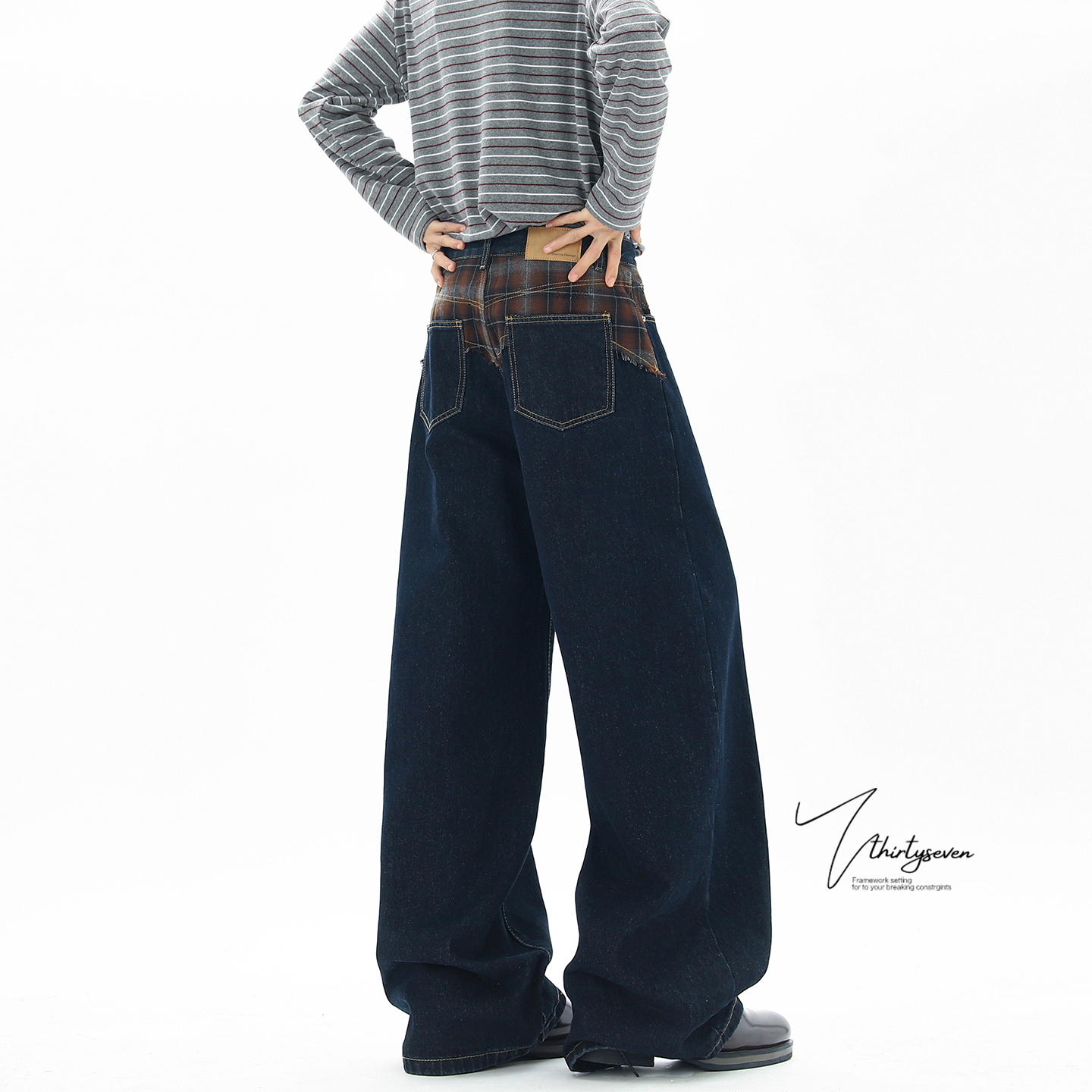 美式复古设计感拼接格纹牛仔裤