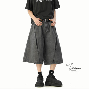 V37灰色七分裤子男款2026秋季新款设计感短裤宽松直筒阔腿休闲裤