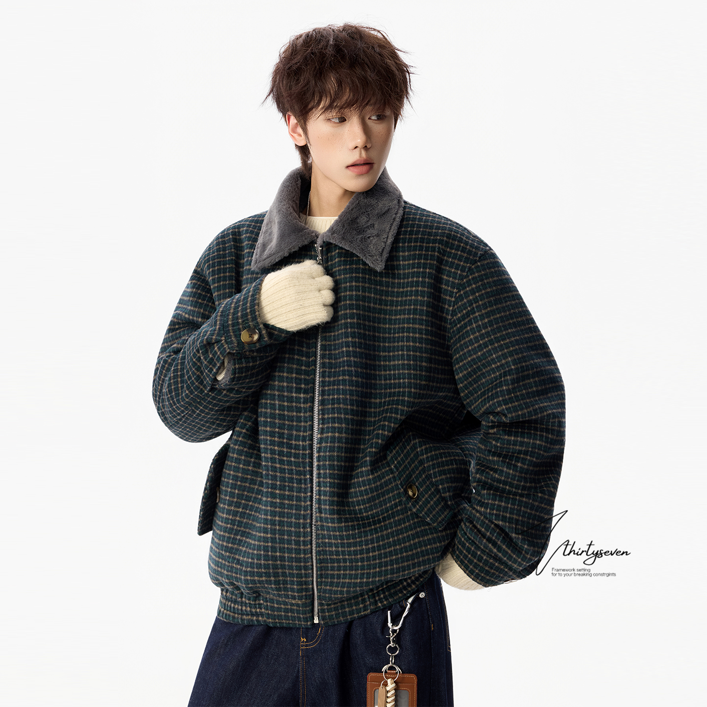 美式重磅格纹撞色羊毛衫外套男