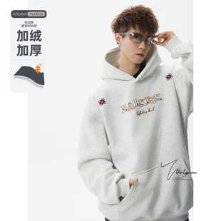 V37美式 高街小众加绒加厚宽松情侣上衣 重磅刺绣连帽卫衣男秋冬季