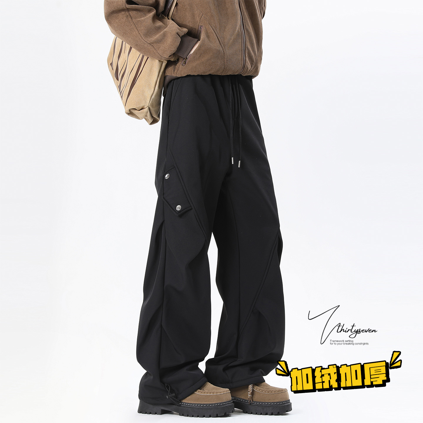 高街复古黑色加绒加厚工装裤子