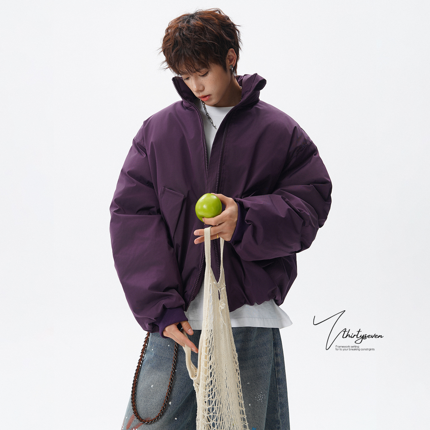 美式紫色bomber飞行员外套男冬