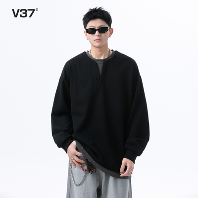 V37美式小V领假两件卫衣男