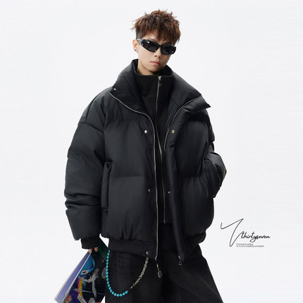 V37美式复古立领PU皮棉服男冬季潮牌宽松加厚保暖面包服情侣棉衣