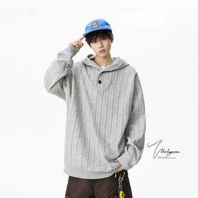 美式高街复古灰色麻花针织卫衣男
