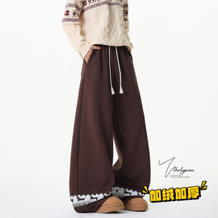 V37美拉德复古小狗花纹拼接休闲裤男冬季美式慵懒松弛感保暖裤子