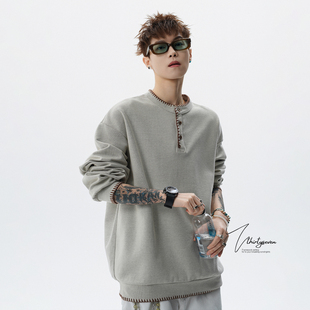 V37高级感撞色手缝线亨利领卫衣男春季美式宽松老钱风长袖打底衫