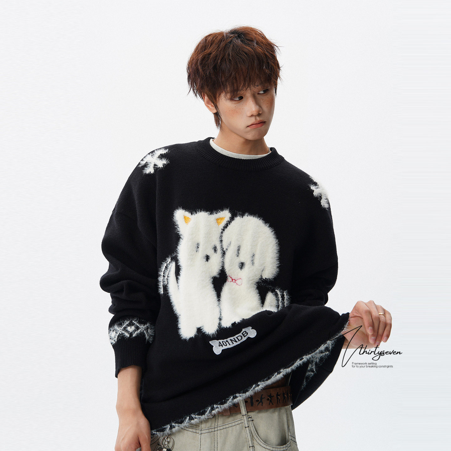 美式潮牌卡通小猫小狗提花毛衣