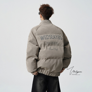 V37美式 皮衣面包服男冬高街复古宽松加厚棉衣外套 潮牌字母插肩袖