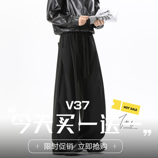 男冬cleanfi宽松设计感阔腿裤 V37美式 潮牌黑色打褶系绳呢料休闲裤