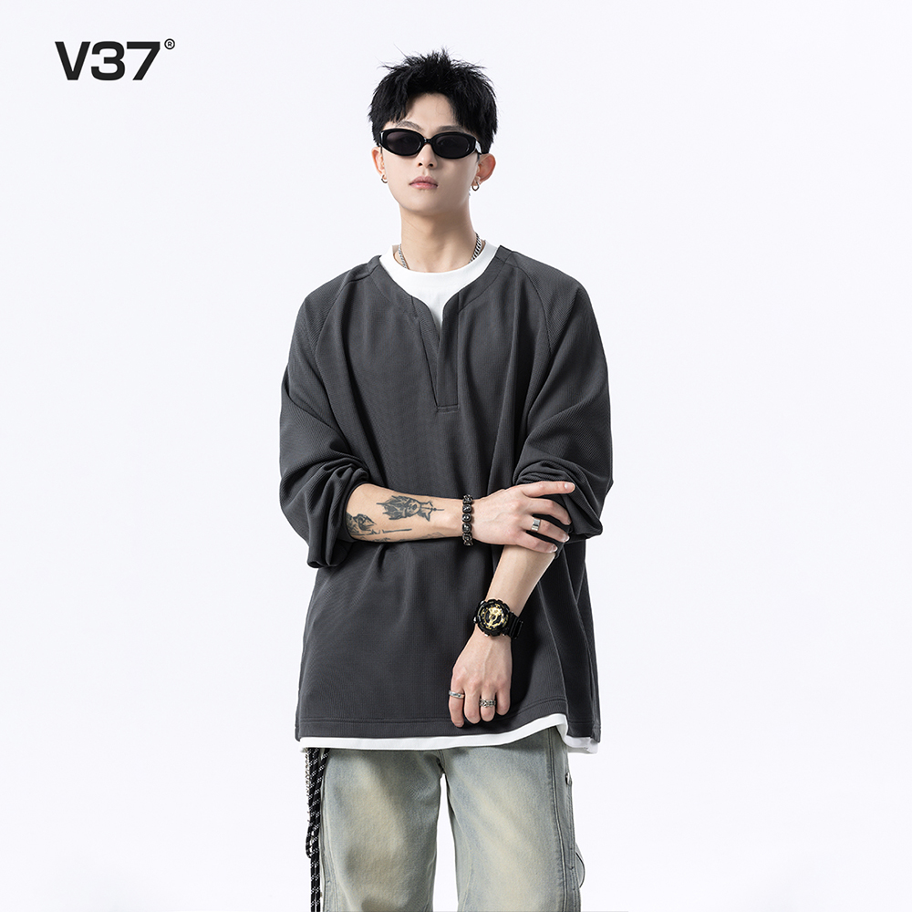 V37日系小清新ins圆领卫衣男2025春秋季新假两件青少年校园打底衫