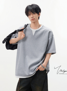 V37美式肌理感假两件短袖情侣T恤男夏季灰色潮牌宽松慵懒半袖上衣