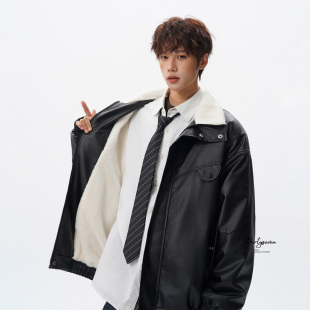 V37美式 复古高街加厚机车皮衣外套男冬羊羔毛翻领痞帅高级感棉衣