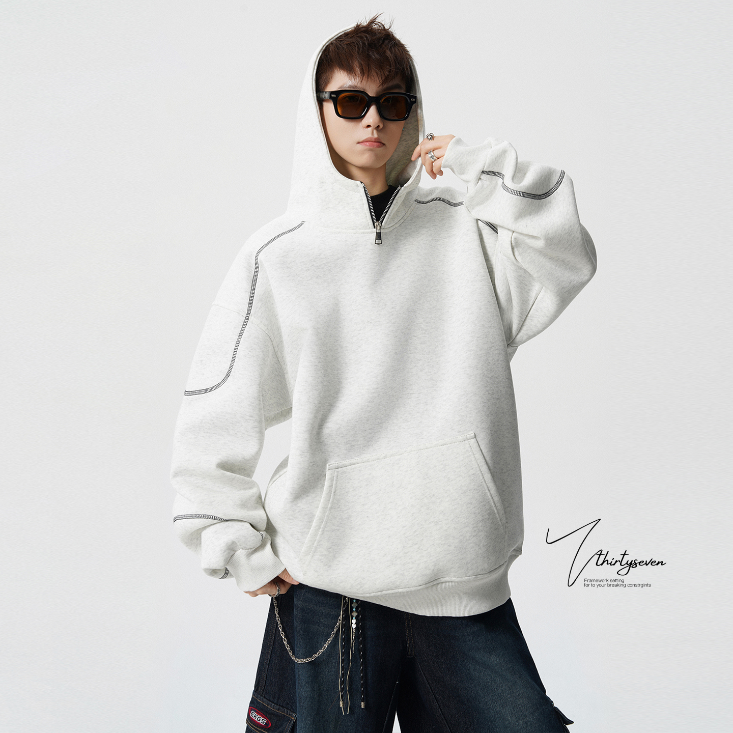 美式哈苏线半拉链高领连帽卫衣男