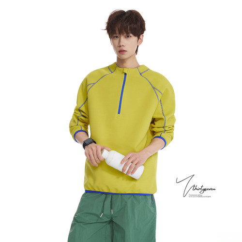 潮牌华夫格户外运动半拉链T恤