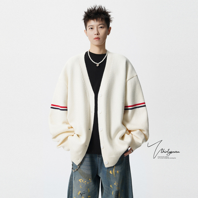 美式三条杠拼接针织毛衣