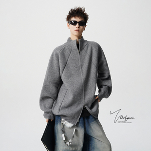 V37美式复古双拉链立领针织开衫男春慵懒风潮流小众情侣毛衣外套