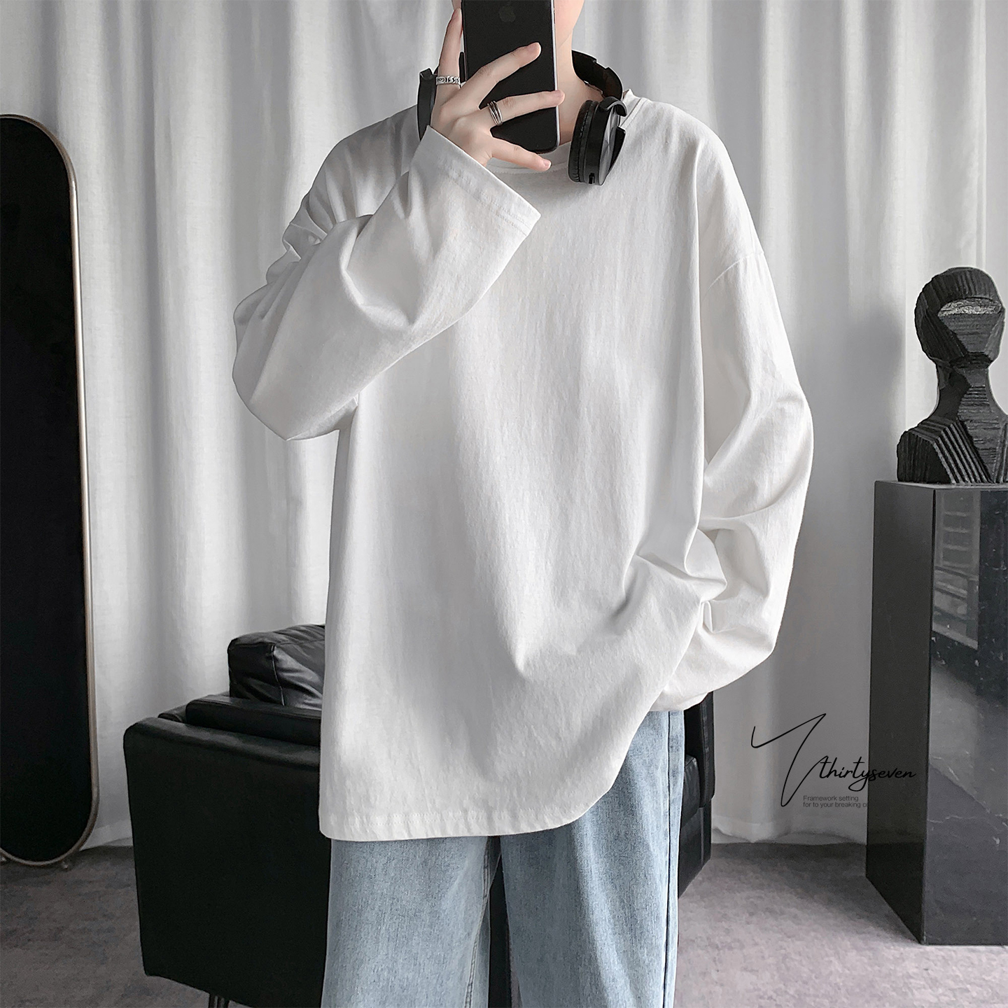 潮牌复古纯色打底衫男