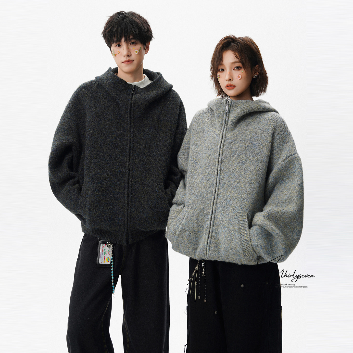 V37美式重磅双拉链连帽针织开衫男冬老钱风复古纯色情侣毛衣外套