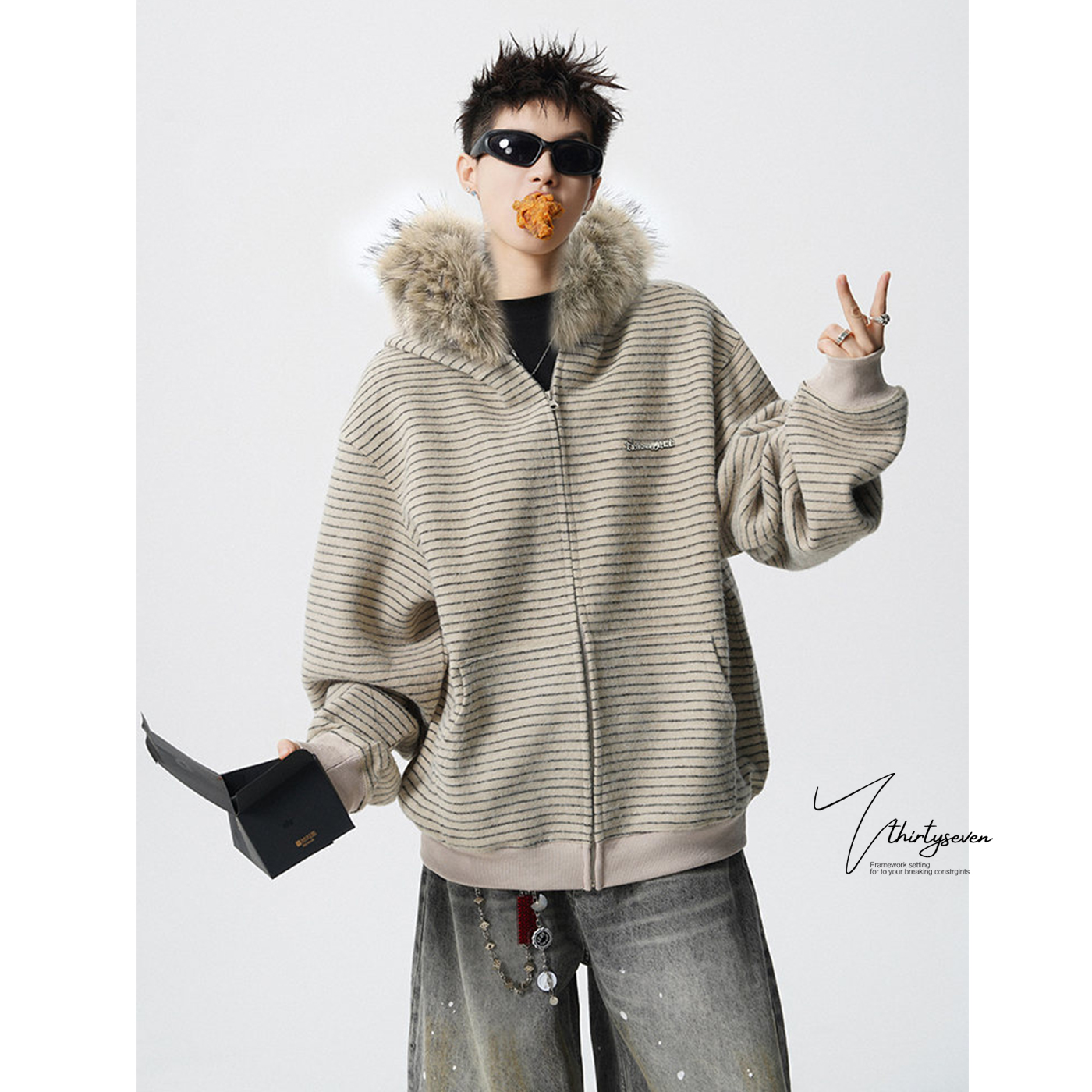 美式复古毛领连帽拉链开衫