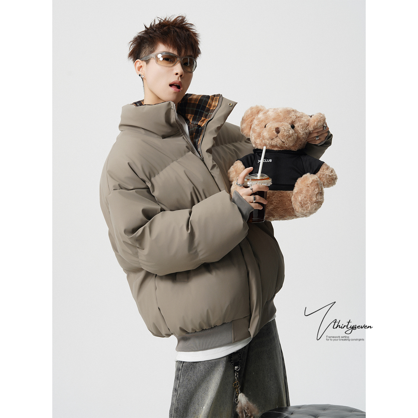 美式潮牌加厚宽松立领PU皮棉服男