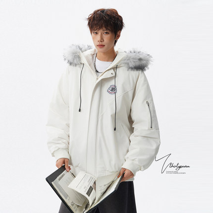 V37美式加厚白灰色徽章毛领派克棉服男冬季保暖连帽工装棉衣外套