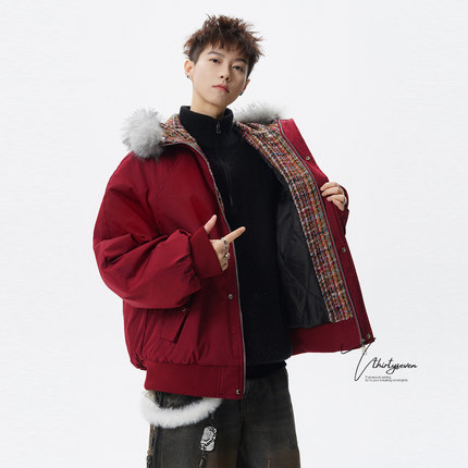 V37美式红色毛领连帽棉衣男冬季加厚保暖派克服潮牌宽松休闲外套