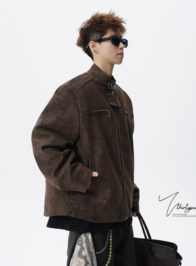 V37美式复古咖色扎染立领机车夹克男春季潮流高级感宽松工装外套