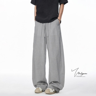 V37日系格子阔腿裤子男款2026春季新款宽松直筒百搭拖地休闲长裤