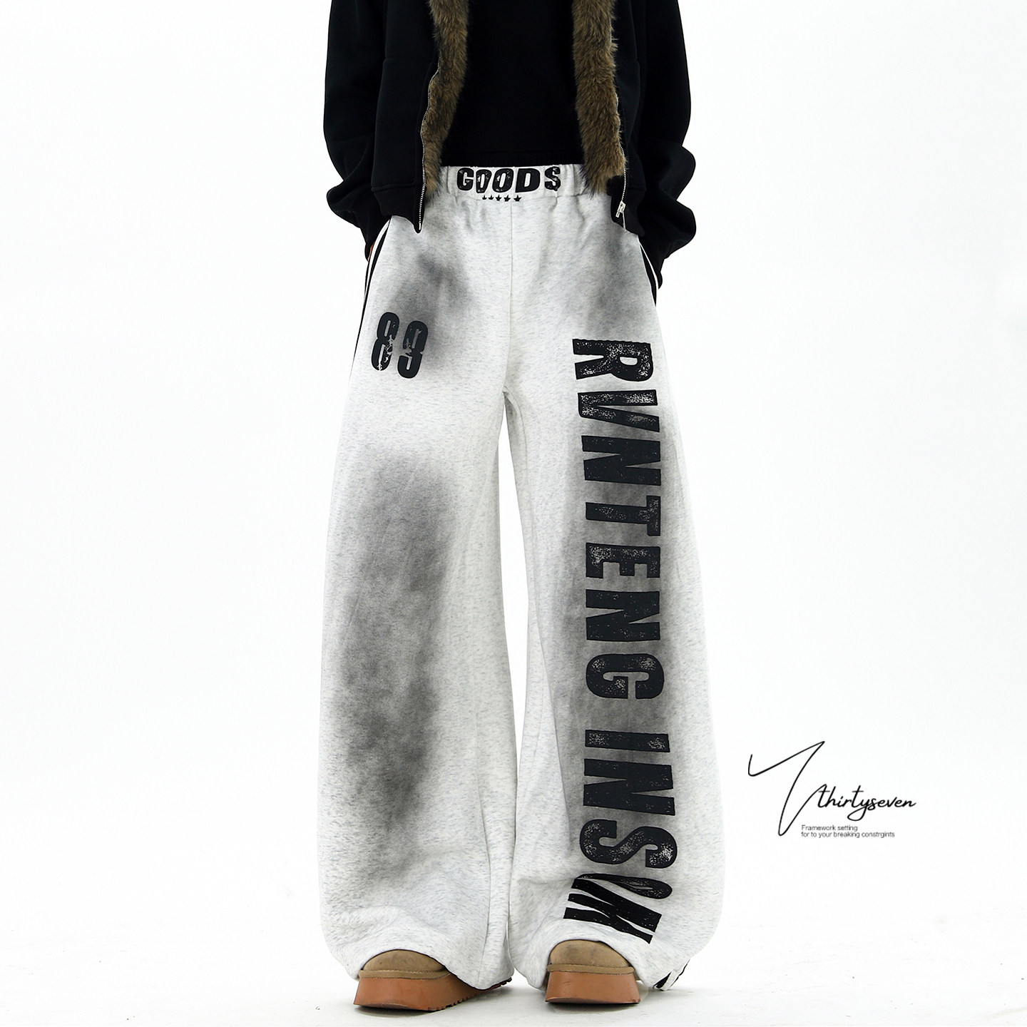 美式高街脏脏做旧字母废土风卫裤