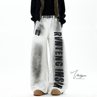 设计感弯刀阔腿休闲裤 男冬季 高街脏脏做旧字母废土风卫裤 V37美式