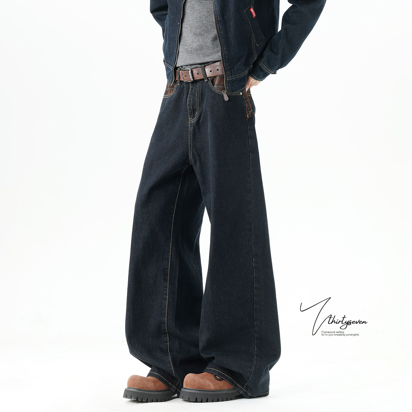 V37美式复古格纹拼接水洗牛仔裤