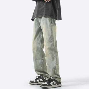 直筒微喇裤 男秋复古水洗显瘦修身 子 高街做旧黄泥色牛仔裤 V37美式