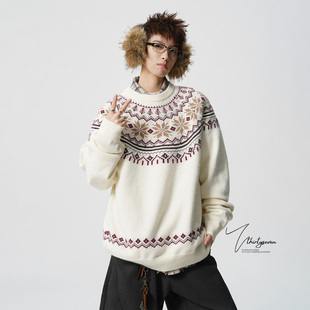 V37美式潮牌费尔岛撞色圆领毛衣男冬季宽松休闲慵懒情侣针织外套