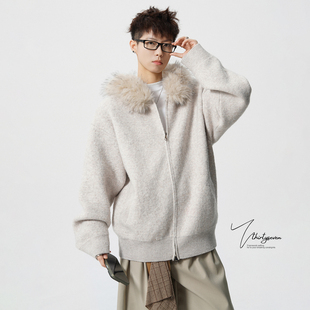 潮牌宽松情侣羊绒衫 男冬季 外套 慵懒风chic毛领连帽针织衫 V37美式