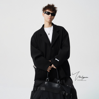 韩系高级感贴标短款毛呢大衣男款