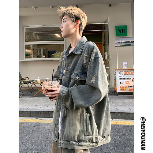 美式高街水洗做旧破洞牛仔外套男