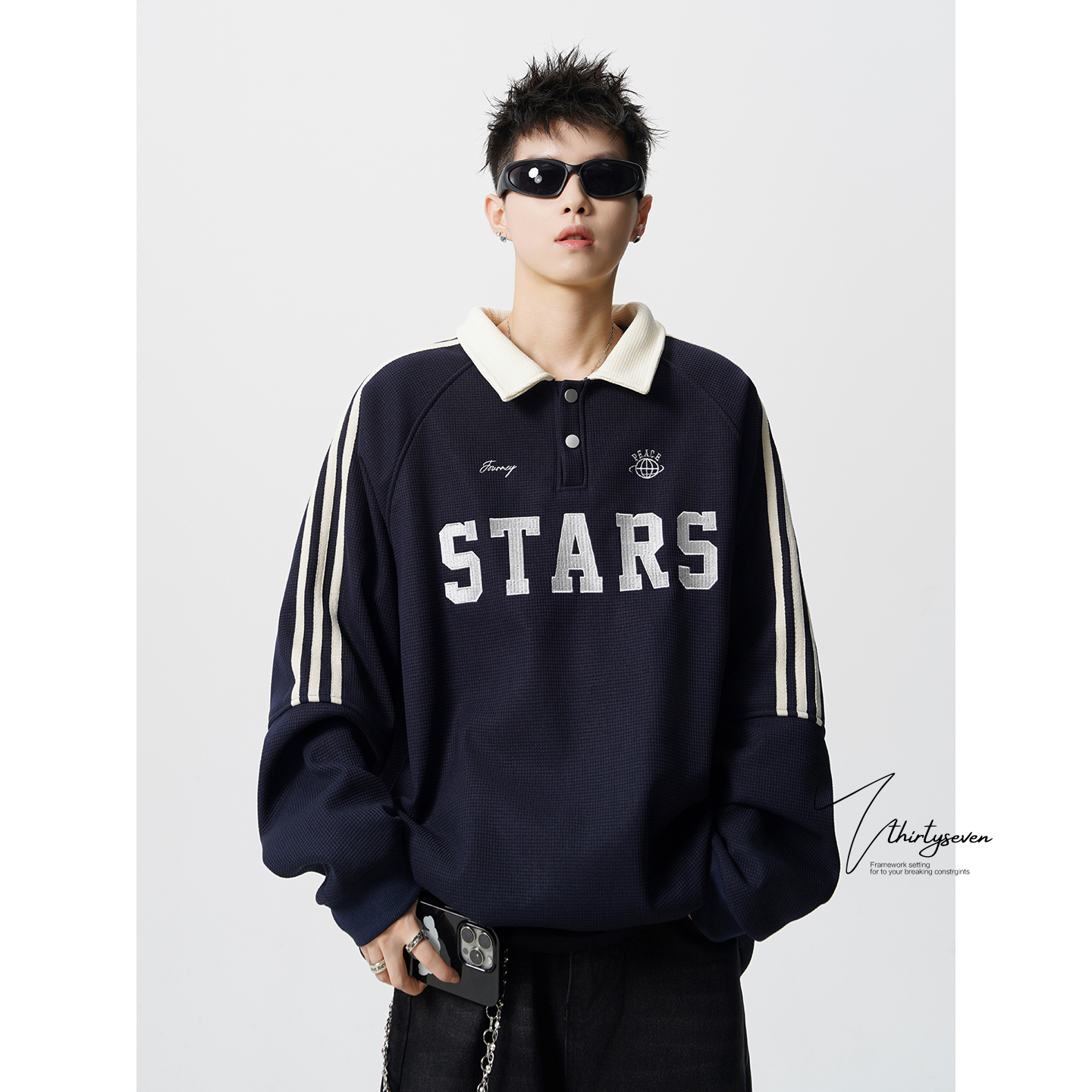 V37美式复古条纹Polo领卫衣男秋季重磅刺绣撞色上衣高街情侣外套