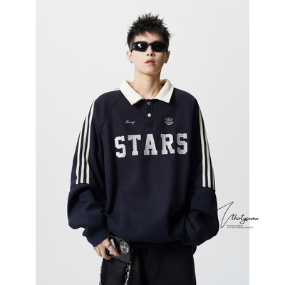 美式复古条纹Polo领卫衣