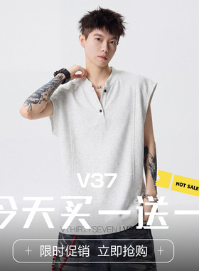 V37美式高级感解构亨利领背心男夏季透气无袖t恤灰色运动休闲上衣