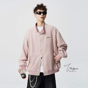 V37美式 潮牌cleanfit哈灵顿夹克男春高街撞色格纹内里麂皮绒外套